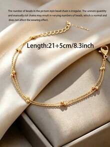 1pc Women's Double Layer Lucky Bead Anklet, Fashionable & Minimalist Multi-Layer Metal Chain Anklet, Suitable For Women's Daily/Party/Travel Wear - Gold - View 3