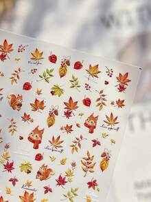 1 Sheet Of 5D Embossed Autumn Maple Leaf Nail Sticker, Cute Squirrel, Autumn Leaves, Cursive‑Script English, Autumn Bare‑Nail Decorative Nail Accessory - Multicolor - View 3