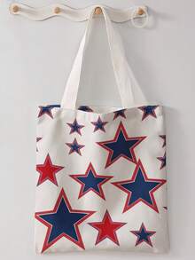 1pc Five‑Pointed Star Print Canvas Tote Bag, Large Capacity Hand‑Held Shoulder Bag,Reusable Shopping Bag For Music Festival Party Daily Packing Books - Multicolor - View 13