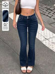 Fashionable & Elegant Minimalist Women's Double-Breasted Slim Fit Flare Leg Jeans, Slimming Casual Spring Fall - Dark Wash - View 1