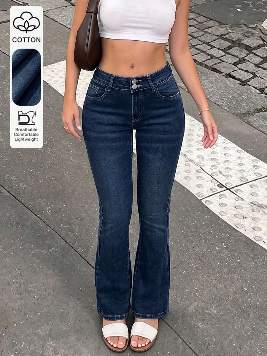 Fashionable & Elegant Minimalist Women's Double-Breasted Slim Fit Flare Leg Jeans, Slimming Casual Spring Fall - Dark Wash - View 1