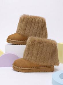 1 Pair Girls' Camel Color Plush Fold-Over Ankle Boots, Suitable For Winter School And Daily Outings - Camel - View 6
