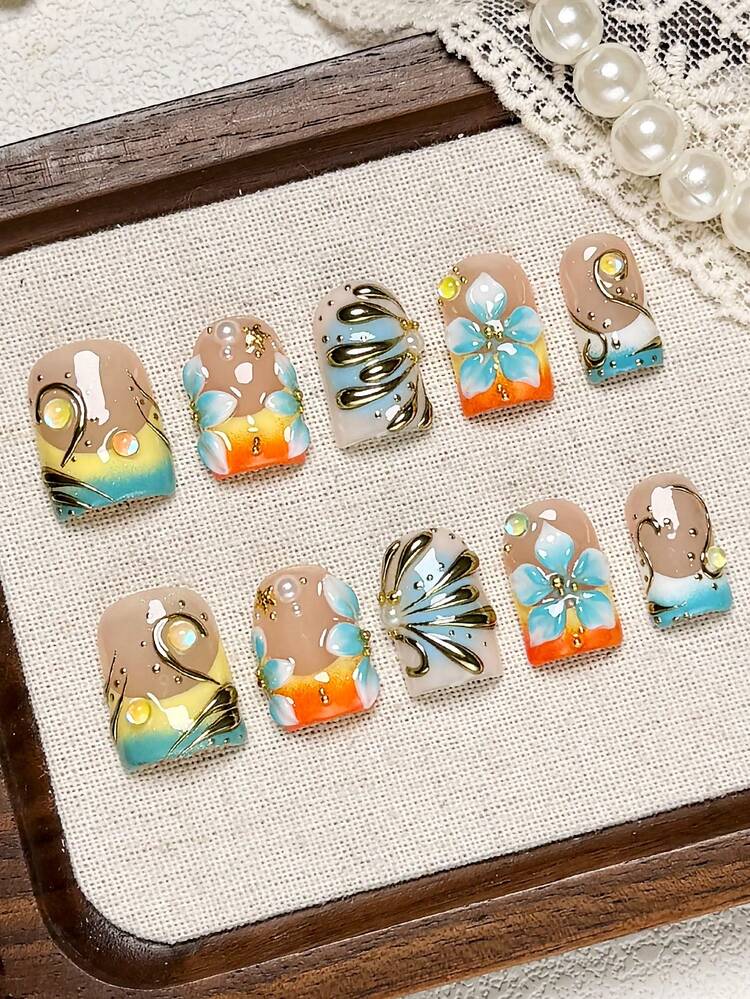 10pcs Handmade Short Square Press On Nails, Nude Base With Yellow‑Blue‑Orange Fresh Gradient, Three‑Dimensional Blue Flower, Golden Metal Line & Rhinestone Decor Gel‑X Nails, Pearl Accent Nail Tips. Suitable For Party, Wedding, Great Gift For Women - Multicolor - View 1