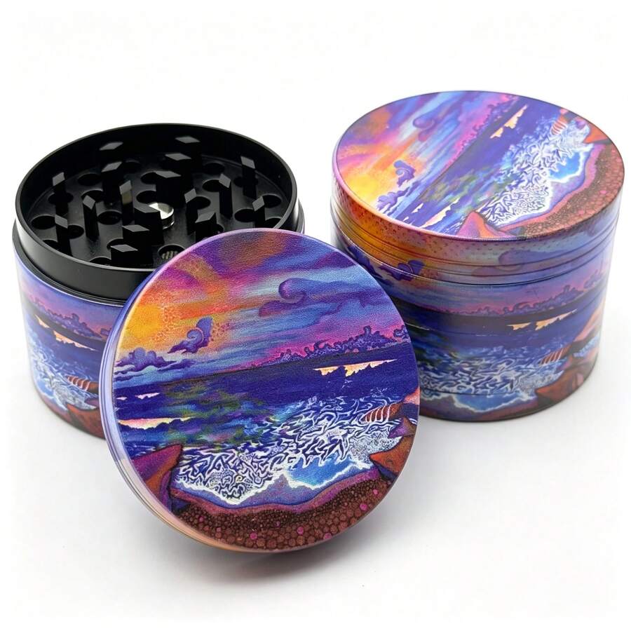 Premium Zinc Alloy Grinder - 50mm UV Printed Beach Sunset Ocean Scene Pattern, Efficient Herb Grinder, Vanilla Crusher, Suitable For Daily Use, Exquisite Gift For Men And Women, Christmas Gift Choice, Best Gift Option - View 1