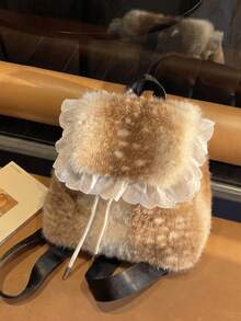 1pc Women's Faux Fur Deer Print Backpack, White Lace Ruffle Drawstring Design, Cute Lolita Style Winter Daily Small Shoulder Bag - Brown - View 8