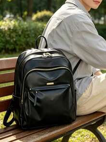 Men's Solid Color PU Glossy Backpack With Multiple Zippers, Casual Daily Use, Large Capacity Travel & Work Backpack With Side Pockets - Black - View 9