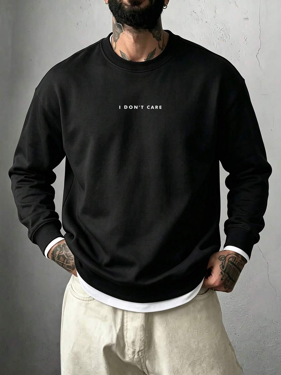 Men's Spring/Autumn Fashion Versatile Comfortable English Print 2 In 1 Crew Neck Long Sleeve T-Shirt - Black - View 1