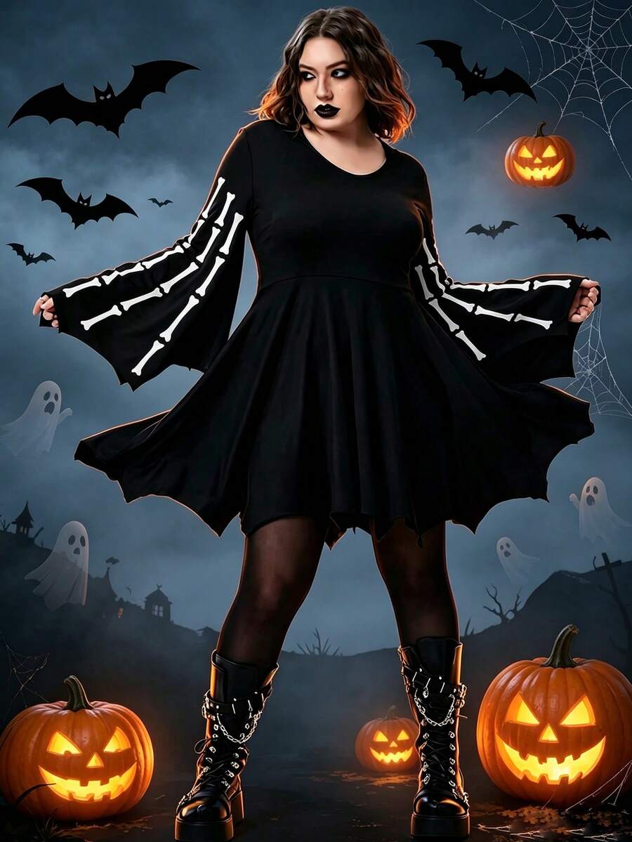 Halloween Gothic Skull Print Crew Neck Flared Sleeve Asymmetric Hem Mini Dress, Plus Size Knit Fabric - Black - View 1