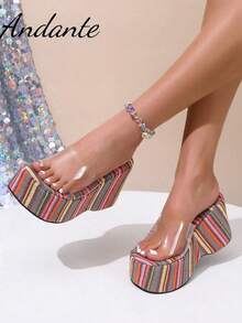 Women's Platform Sandals, Thick Sole Wedge Slip-On Sandals, Fashion Runway Style Open Toe Beach Slides - Clear - View 2