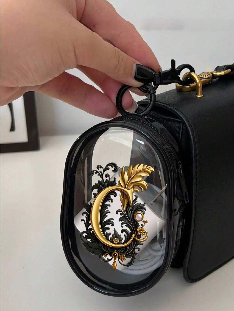 Tas Penyimpanan Mini Transparan Portabel Huruf A-Z Motif Bunga Emas dengan Resleting, Tas Penyimpanan Multifungsi Kompak, Kotak Penyimpanan Pengisi Daya Earphone dengan Gantungan Kunci, Aksesori Perjalanan Transparan, Indah dan Kompak, Cocok untuk Menyimpan Barang-Barang Kecil, Tas Penyimpanan Kabel Data, Tas Penyimpanan Gelang, Hadiah Ulang Tahun untuk Teman, Keluarga, Pasangan, Pacar, Hadiah Hari Kemerdekaan, Hadiah Musim Wisuda, Hadiah Hari Guru - MultiWarna - View 1