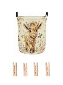Cute Highland Cow Floral Print Laundry Hamper, Collapsible Large‑Capacity Storage Basket With Handles, Clothes Storage, Unisex, Essential For Daily Home And Dorm Use - Multicolor - View 13