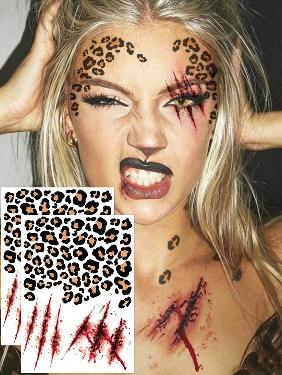 2 Large Halloween Leopard Print Scar Design Tattoos, Must-Have Holiday Pattern - Multicolor - View 1