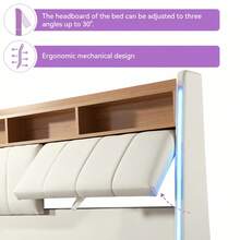 Modern Double Bed Frame 137x190cm, Upholstered Platform Bed With RGB LED Headboard And Storage Shelf, White Bed With Wood Slats, APP & Remote Control LED Lights, No Box Spring Required - White - View 8