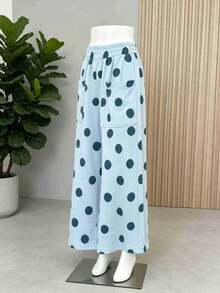 Women's Light Blue Polka Dot Wide Leg Pants, Loose-Fitting Plus-Size Casual Streetwear, Suitable For Back-To-School Shopping, Soft Draped Clothing. - Sky Blue - View 10