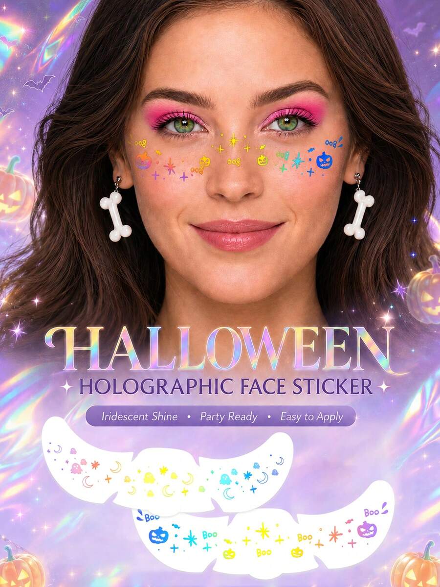 2Pcs Holographic Halloween Face Temporary Tattoos, Pumpkin Boo, Moon ...