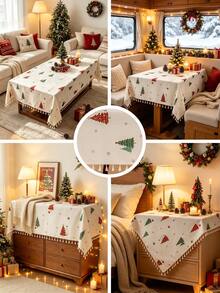 MineLain 1pc Merry Christmas Party Tablecloth, Red And Green Christmas Tree Pattern, Rectangular Dining Table Cloth, Beige Tassel Decoration, Coffee Table, Bedside Cabinet, Cupboard Cover, Tabletop Decor, Holiday Decoration, Living Room, Room Decor, Suitable For Gathering, Dinner, Holiday, Party Decoration, Christmas Gift, Christmas Decoration, Autumn/Winter Decor - Multicolor - View 3
