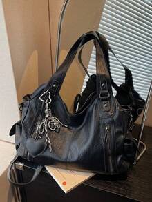 Tote Bag With Pearl Bow & Heart Pendant Decor, Multi-Compartment Large Capacity Storage, Zipper Closure, Vintage Spicy Girl Style, Suitable For Students, Commuting, Travel, Daily Outings, Cool Girl Shoulder & Underarm Bag, Crossbody & Backpack Multi-Use Large Bag - Black - View 5