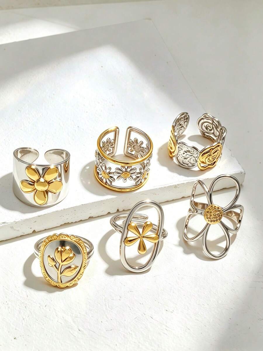 6pcs 18K Gold Plated Stainless Steel Ring Set, Flower Design, Style, Waterproof Jewelry, Elegant Rings, Stackable Rings, Gold Tone Jewelry Set, Exquisite Gift, - Gold - View 1