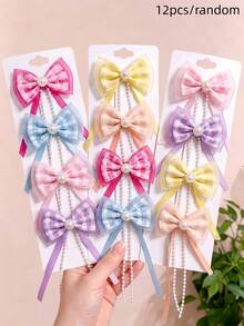 2/6/12pcs/Set Pearl Flower Tassel Ribbon Bow Hair Clips, Sweet Hair Accessories - Suitable For Girls And Women, Applicable For Daily Wear, Vacation, Date, Party - Multicolor - View 10