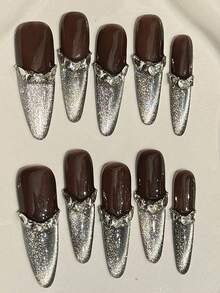 YADORNOS 10pcs Long Stiletto Handmade Press-On Nails, Dark Brown & Silver Cat Eye Glitter French Tip False Nails, Embedded 3D Rhinestones, Shiny Style, Suitable For Autumn/Winter Party, Date, Daily Wear, Includes Jelly Glue And Nail File, DIY Manicure Supplies - Brown - View 1