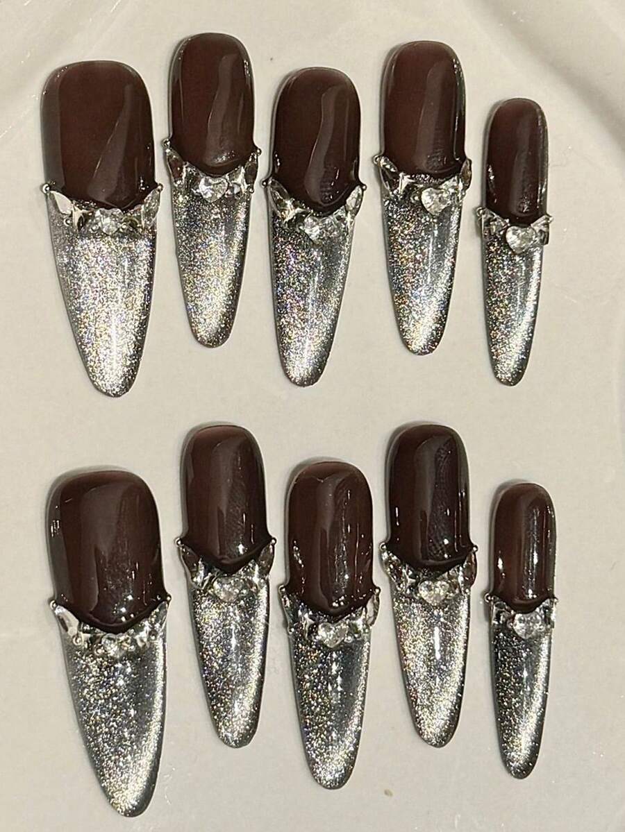 YADORNOS 10pcs Long Stiletto Handmade Press-On Nails, Dark Brown & Silver Cat Eye Glitter French Tip False Nails, Embedded 3D Rhinestones, Shiny Style, Suitable For Autumn/Winter Party, Date, Daily Wear, Includes Jelly Glue And Nail File, DIY Manicure Supplies - Brown - View 1