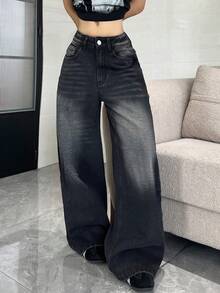 1pc Women's Fashionable Casual Loose Fit Embroidered Multi-Pocket Black Denim Wide Leg Jeans, Versatile For All Seasons (Belt/Accessories Not Included) - Black - View 4