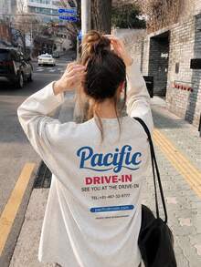 Kaos Lengan Panjang Wanita Model Longgar Serbaguna dengan Motif Huruf untuk Musim Semi/Gugur, Kasual - Abu-abu muda - View 6