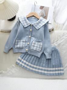 bearleader Autumn/Winter Girls Knit Set, Plaid Large Lapel Front Button Sweater With Pockets, Grey Skirt, British Academy Style - Blue - View 3