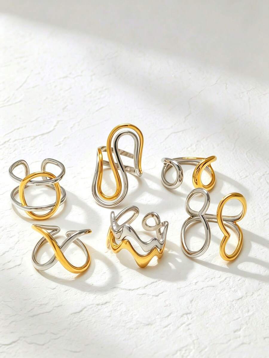 6pcs 18K Gold Plated Stainless Steel Ring Set, Geometric, Ins Style, Waterproof Jewelry, Elegant Rings, Stackable Rings, Gold Tone Jewelry Set, Exquisite Gift, - Gold - View 1