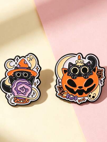 1 pieza/2 piezas Broche de gato bruja de dibujos animados lindo & vela de calabaza, alfiler de metal esmaltado divertido, alfiler decorativo creativo para solapa de mochila, regalo de Halloween