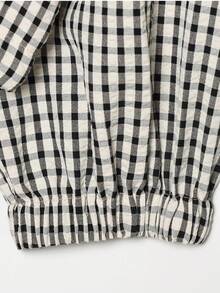 Women's Long Sleeve Stand Collar Adjustable Drawstring Hem Plaid Lightweight Jacket - Black and White - View 9