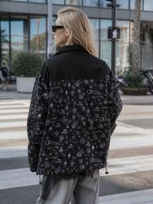 Women's Zipper Bomber Jacket With Stand Collar & Asymmetrical Hem, Long Sleeve Woven Fabric For Fall Winter Outdoor Activities - Black - View 5