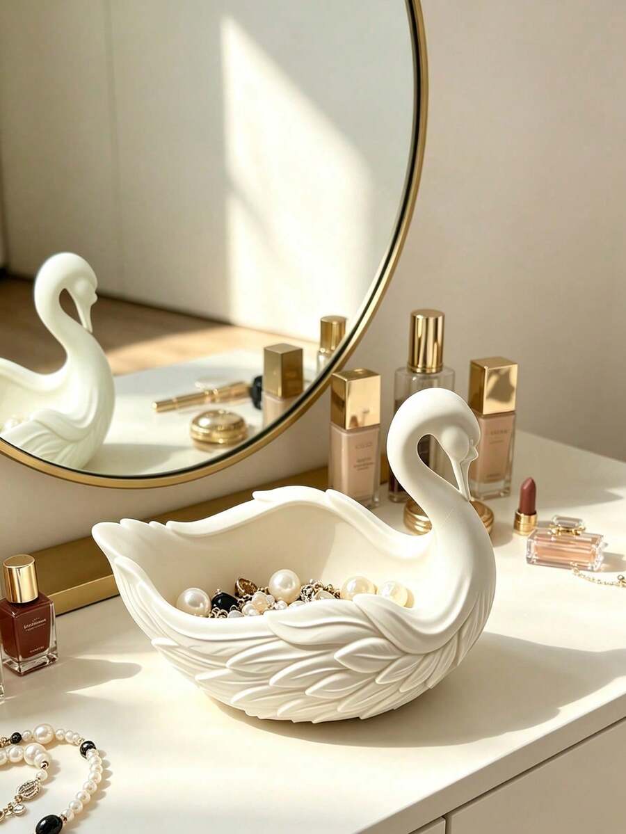 Swan Shaped Jewelry Tray, Matte White Resin Decorative Small Dish, Elegant Desktop Organizer, Suitable For Rings, Earrings, Necklaces - Multicolor - View 1
