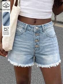 Minimalist Casual Versatile Vacation Style Light Wash Distressed Hem 4-Button Design Women Denim Shorts Summer - Light Wash - View 2