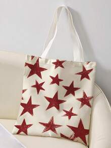 1pc Five‑Pointed Star Print Canvas Tote Bag, Large Capacity Hand‑Held Shoulder Bag,Reusable Shopping Bag For Music Festival Party Daily Packing Books - Multicolor - View 7