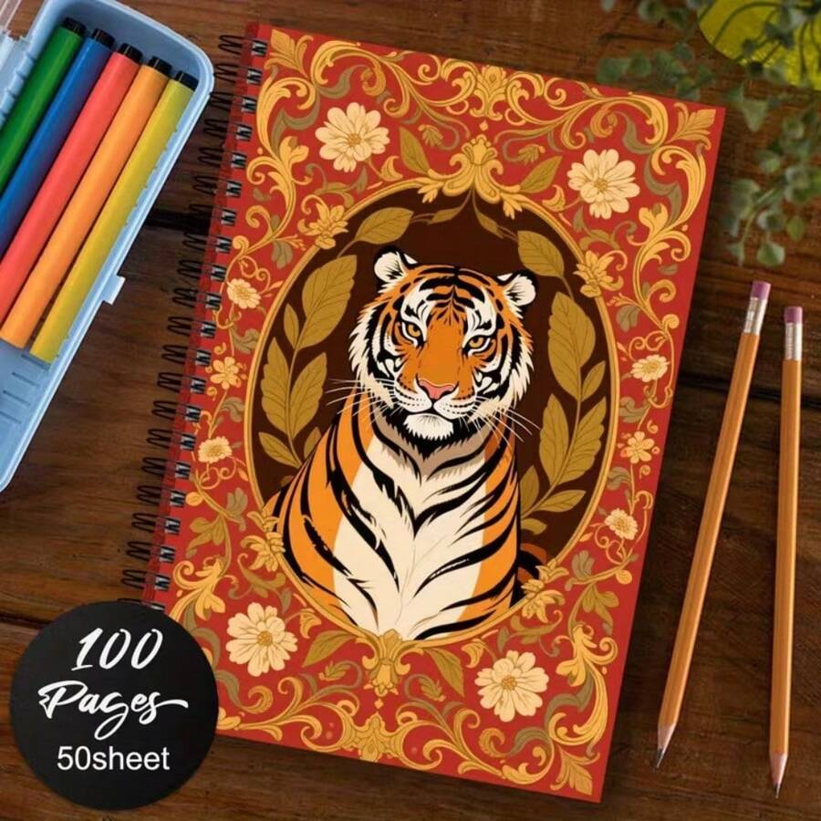 1pc Of Vintage Spiral Notebook Featuring A Stylish Tiger Design With A Golden Decorative Border, Perfect For Artistic Office And School Use, A Distinctive Gift For Both Men And Women Colleagues - 1 Pack (50 Sheets/100 Pages) - View 1