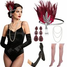 1920年代 Flapper 風格服裝配件套裝，適用婚禮、派對、活動，20年代 Flapper 頭帶、復古珍珠項鍊、手套，復古萬聖節 - 彩色 - 查看 79