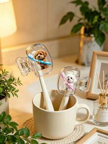 Cute Brown And White Teddy Dog Holding Toothbrush Pattern Printed Portable Toothbrush Head Cover, Storage Box, Toothbrush Protective Cap Holder, Essential Bathroom Accessory For Home, Business Travel, Daily Use And Outdoor Travel, Portable Toothbrush, Back To School Gift, Teacher Gift, Couple Toothbrush Set, Back To School Gift. - Multicolor - View 4