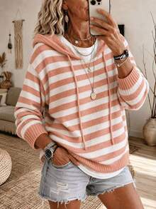 Women's Elegant Hooded Striped Long Sleeve Knit Sweatshirt, Soft And Warm - Orange - View 4