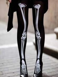 Halloween Multiple Styles Glow-In-The-Dark Polka Dot Skeleton Leggings, Glow-In-The-Dark Black Tights, Halloween Party Cosplay Full Leg Stockings - Black - View 4
