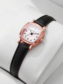 Minimalist Vintage Style Women's Wristwatch, Rose Gold Small Square Case With Brown Leather Strap, Clear Number Dial, Versatile Quartz Watch For Daily Wear, Gift For Girlfriend (1pc/Set), Watch Box Not Included - Black - View 10