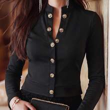 Women's Casual Black Top - Long Sleeve Stand Collar Button Crop Top, Suitable For Office Wear - Black - View 10