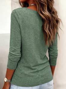 Women's Casual Solid Long Sleeve Drop Neck T-Shirt, Fashion Ladies Top - Green - View 2