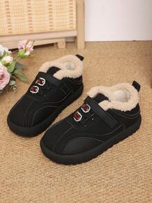 Women's Solid Color Faux Suede Low-Top Ankle Boots, Faux Fur Trim Collar, Rhinestone Decorated Buckle, Hook And Loop Strap, Thick Platform Flat Sole - Black - View 1