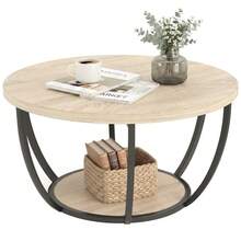 Round Coffee Table For Living Room With Storage Shelf And Metal Frame 80x80x43.8 Cm Oak - Nature - View 8