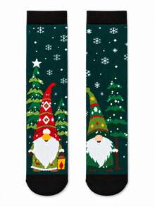 1 Pair Men's Mid-Calf Socks With Cartoon Christmas Gnome, Elf, Christmas Tree And Snowflake Patterns, Warm And Breathable Decorative Long Socks For Autumn/Winter Christmas Atmosphere, Personalized Mid-Calf Socks For Men, Suitable For Home, Party, Gathering And Outdoor Wear In Autumn/Winter, Novel Christmas Gift For Boys - Multicolor - View 7