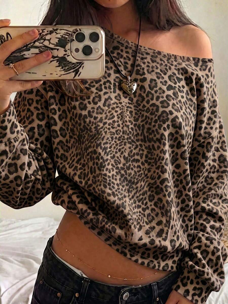 Women's Leopard Print Off-Shoulder Casual Long Sleeve Sweatshirt Graduation/Teacher/Back To School PU - Multicolor - View 1