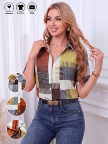 Striped Color Block Patchwork Short Sleeve Shirt Front Button Vacation Style Summer - Ginger - View 3