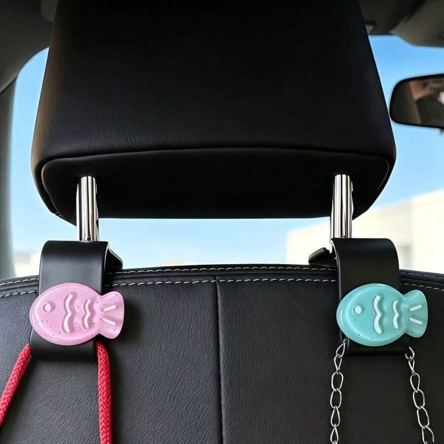 2pcs Thickened Style. Two-Color Small Fish Pattern Car Seat Back Hook, Cute Cartoon Car Interior Item Handbag Bag Storage Hook - Fish - View 1