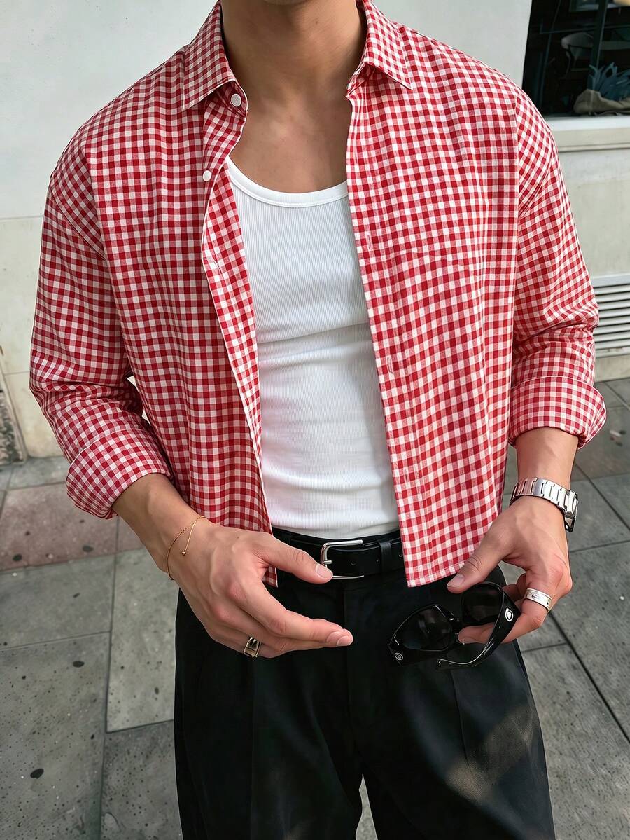 WAIT HIM Men's Casual Boxy Cropped Plaid Long Sleeve Shirt, Summer - Red - View 1